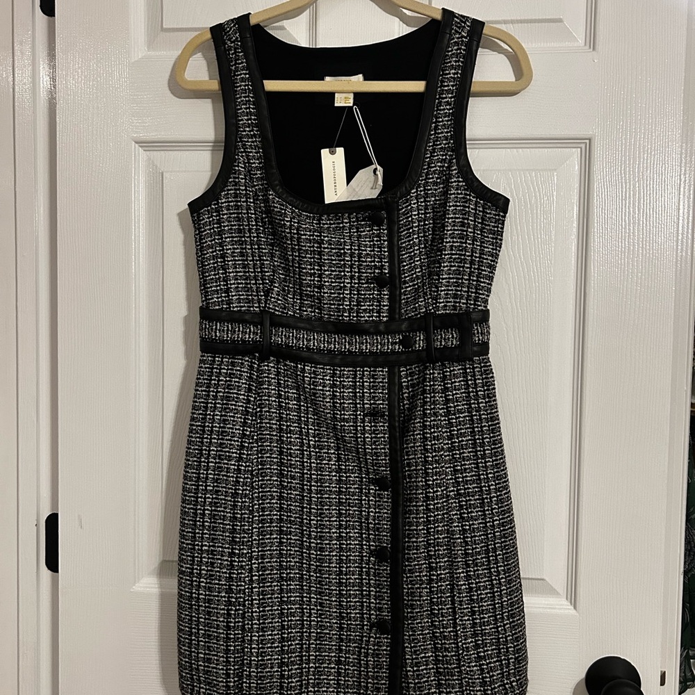 Maeve Black and White Buttoned Tweed Mini Dress